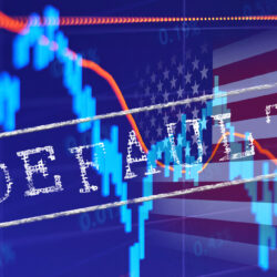 White DEFAULT inscription against the background of the US flag and falling stock charts